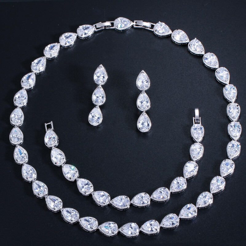 Silver Plated Bridal Wedding CZ Drop Necklace Bracelet Earrings Set for Women