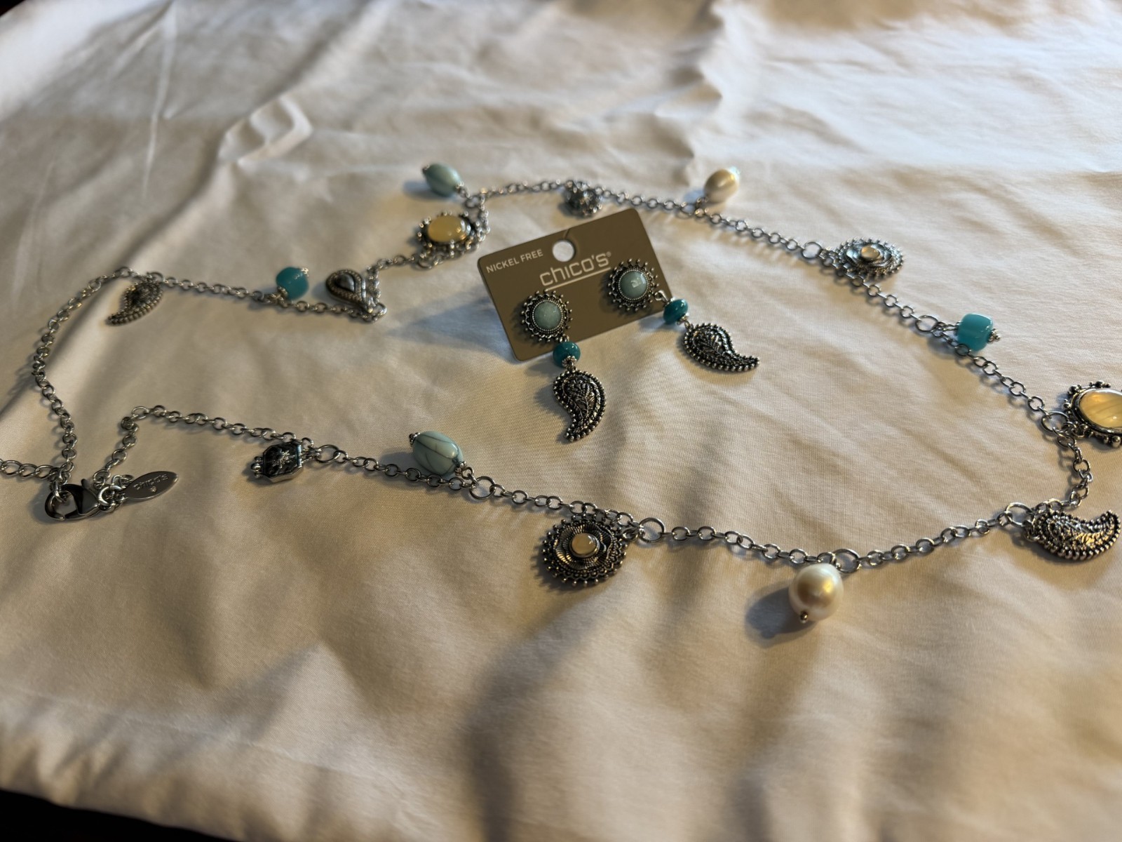 Chico’s Nickel Free Necklace & earrings silver tone with Turquoise color accents