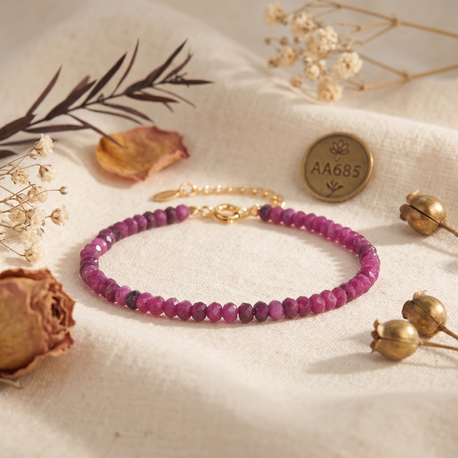 3mm Natural Ruby Faceted Bead Bracelet Adjustable Gold Plated Love Vitality