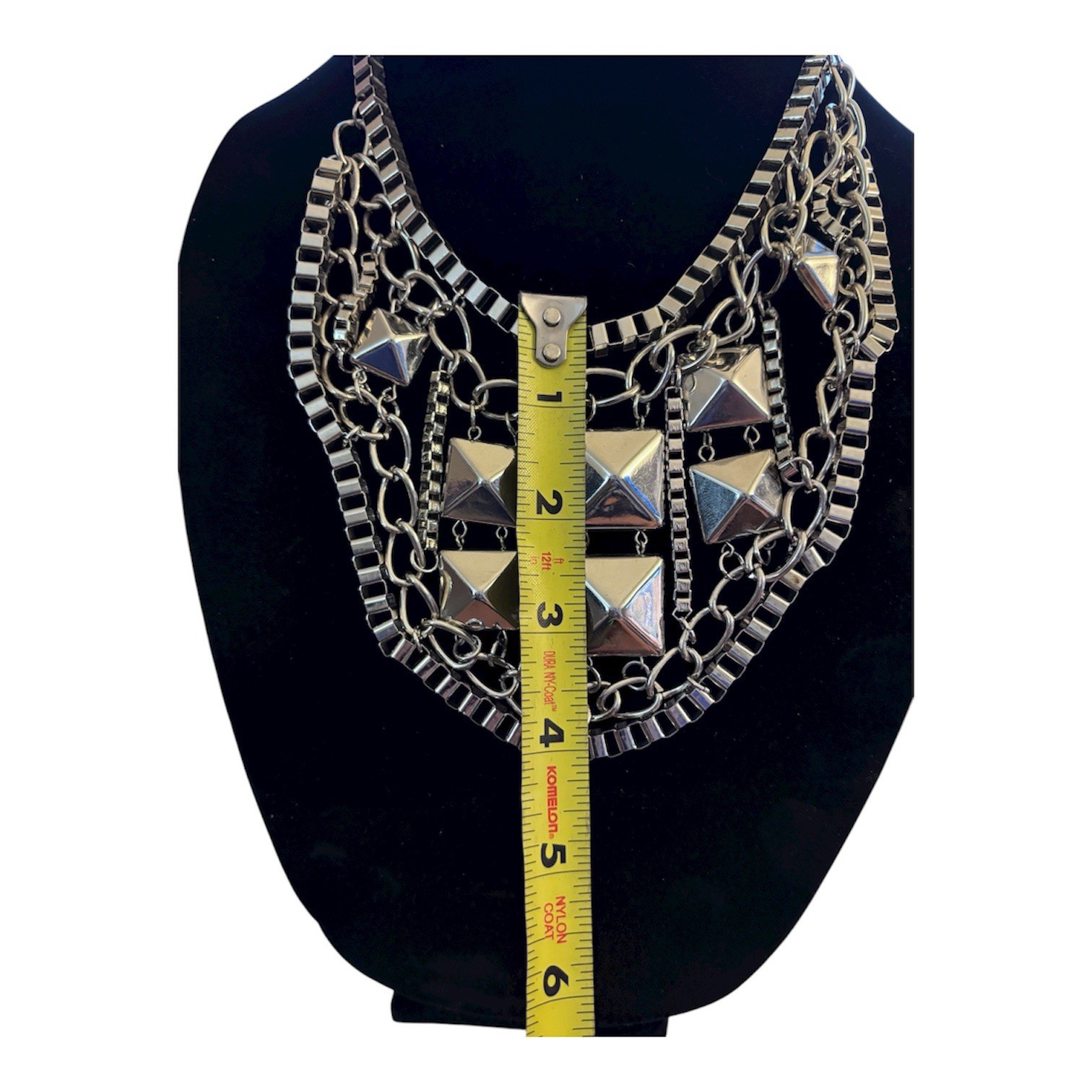 Bib Necklace Silver Tone Multi Chains Punk Gothic Draping Large Geometric Studs