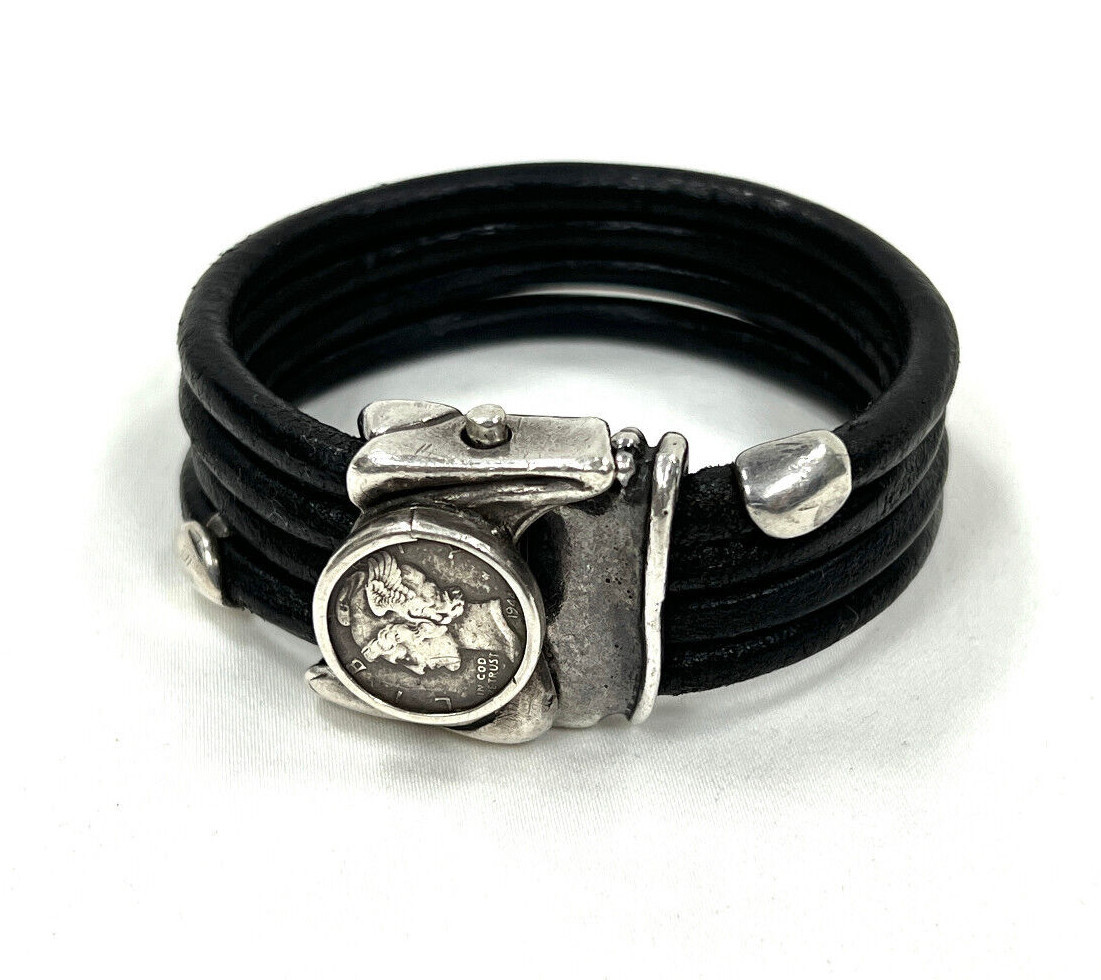 Rare Ilana Goor 925 Sterling Silver Mercury Dime Leather Slider Bracelet