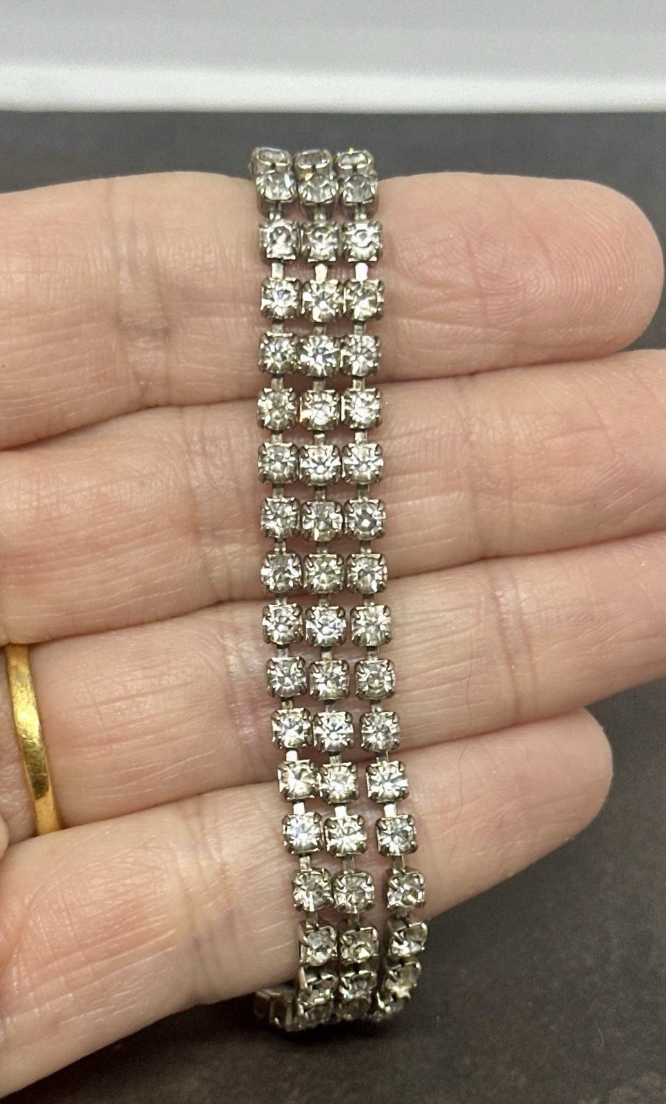 Rhinestone Choker Necklace Silver Tone Statement Three Row Sparkle 13.5″ JAPAN