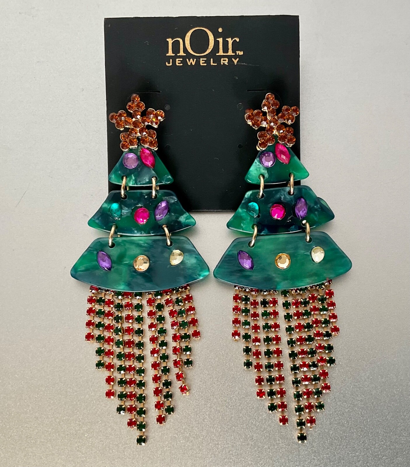 NOIR Funky Statement Christmas Tree Dangle Earrings Acrylic & Rhinestones
