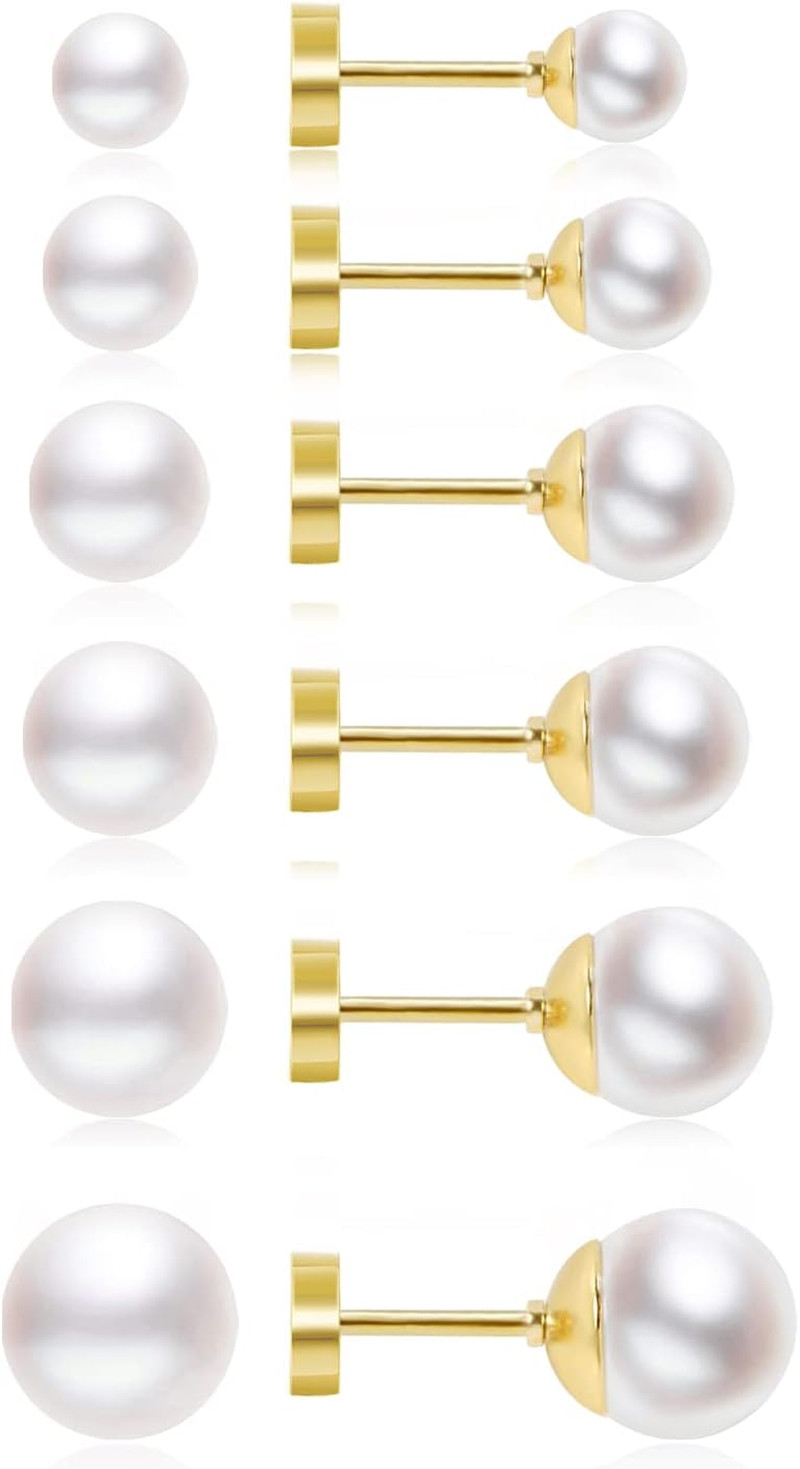 Dainty Flat Back Pearl Earrings for Women, 6 Pairs Flatback Pearl Earrings in 14