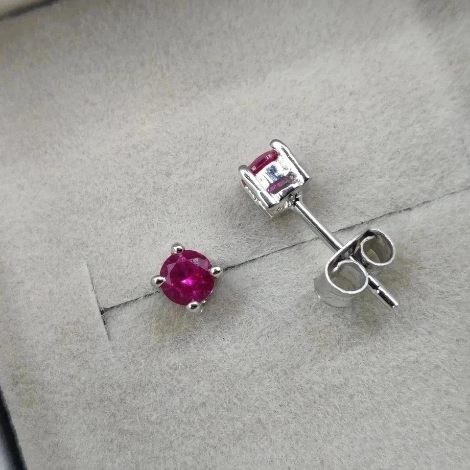 Round Cut Simulated Ruby Women’s Stud Earring 14k White Gold Plated 4mm