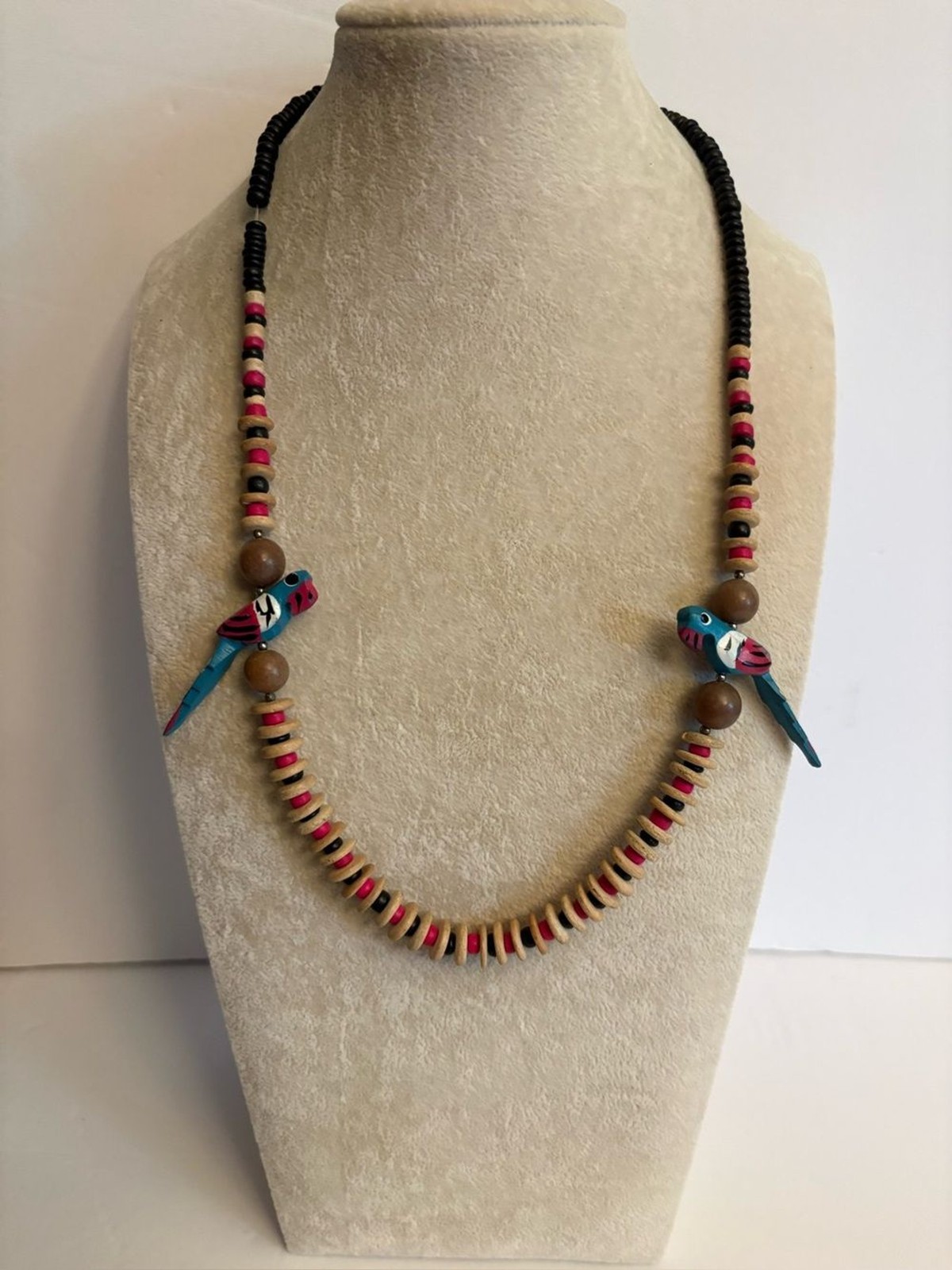 Vintage Parrot Necklace Wooden Beads Tropical Bird Necklace Barrel Clasp