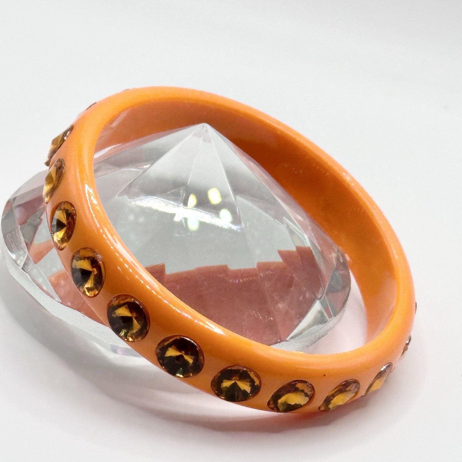 Vintage Orange Plastic Rhinestone Bangle Bracelet Chunky Statement 9”