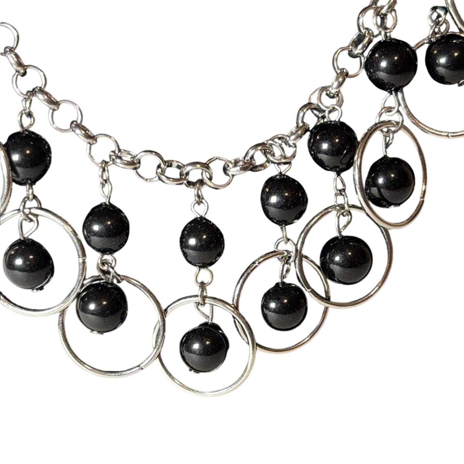 Y2K Black Acrylic Bead Silver Tone Statement Necklace 18”