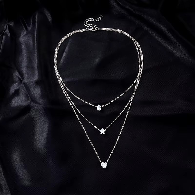 3 Layer Gold Chain Necklace Crystal Heart Star Teardrop Dainty Boho Beach Choker