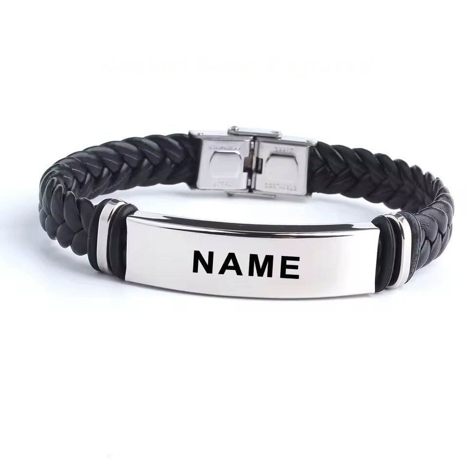 Customized Engraved Name Bracelet Jewelry Leather Rope Chain Men Women Silver