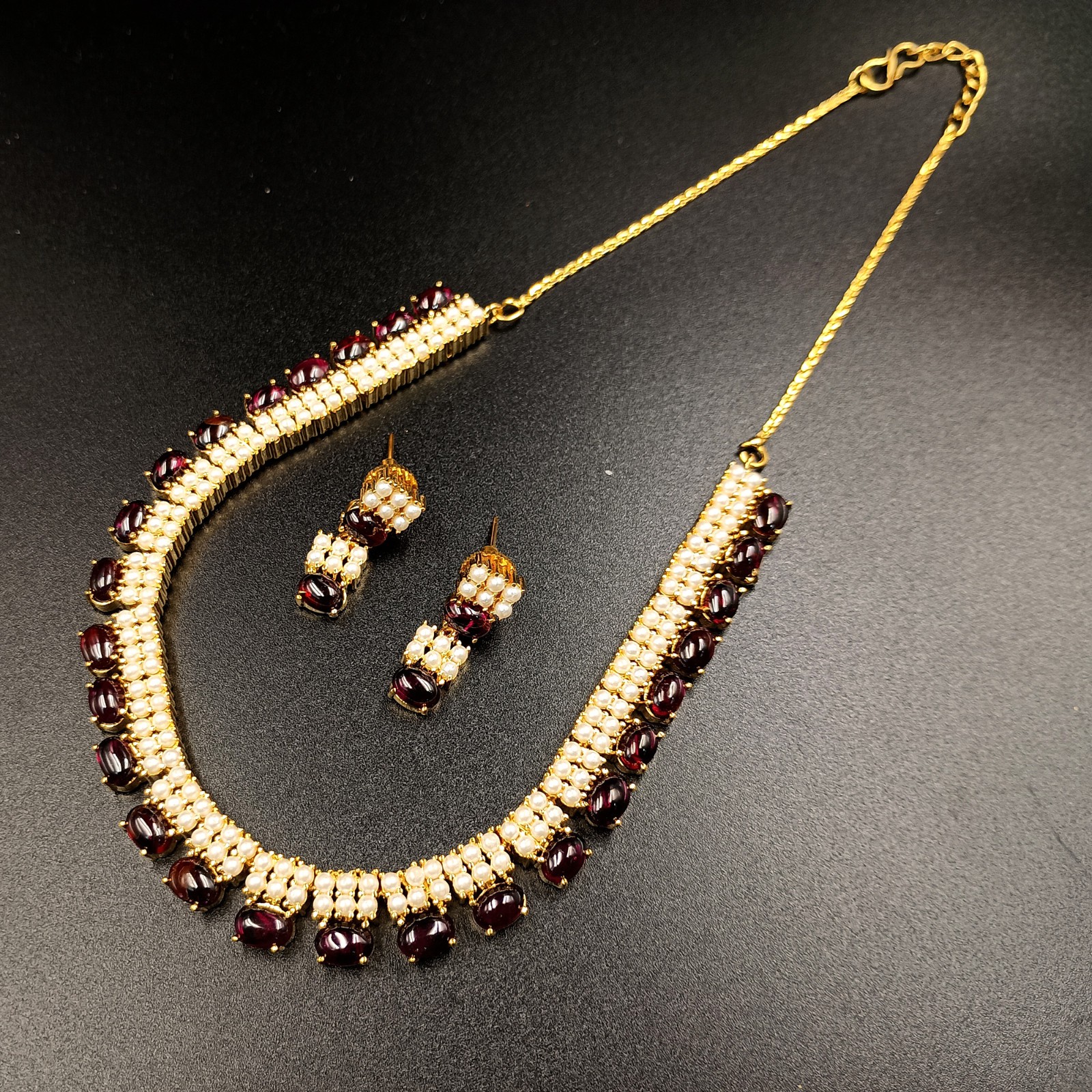 Garnet and Pearl Necklace Set 22k Gold Plated Traditional Ethnic Jewelry