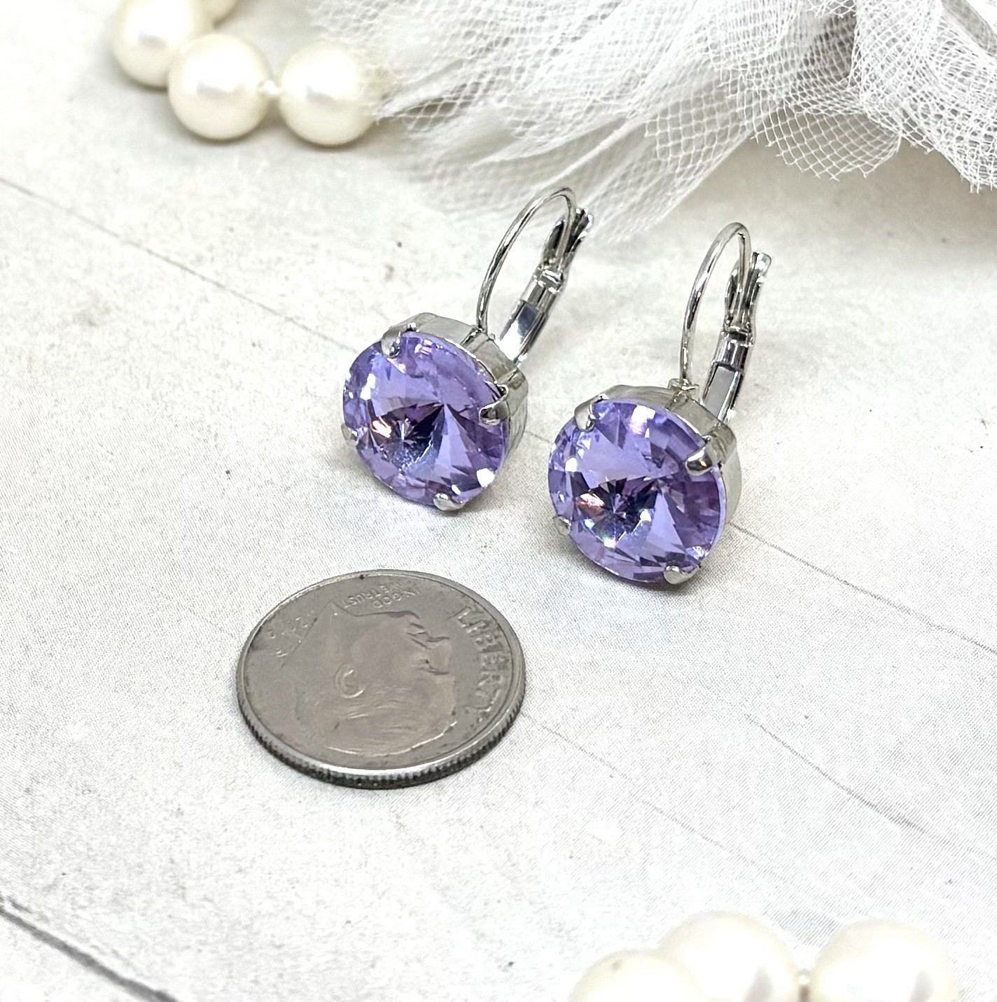 Antique Silver Violet Lavender Cup Chain Earrings, Purple Earrings