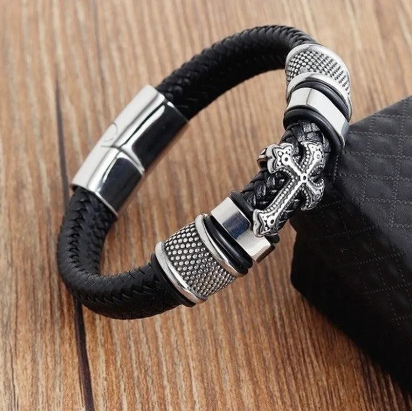 Men Women Stainless Steel Cross Black Braided Leather Bracelet Christian Bangle