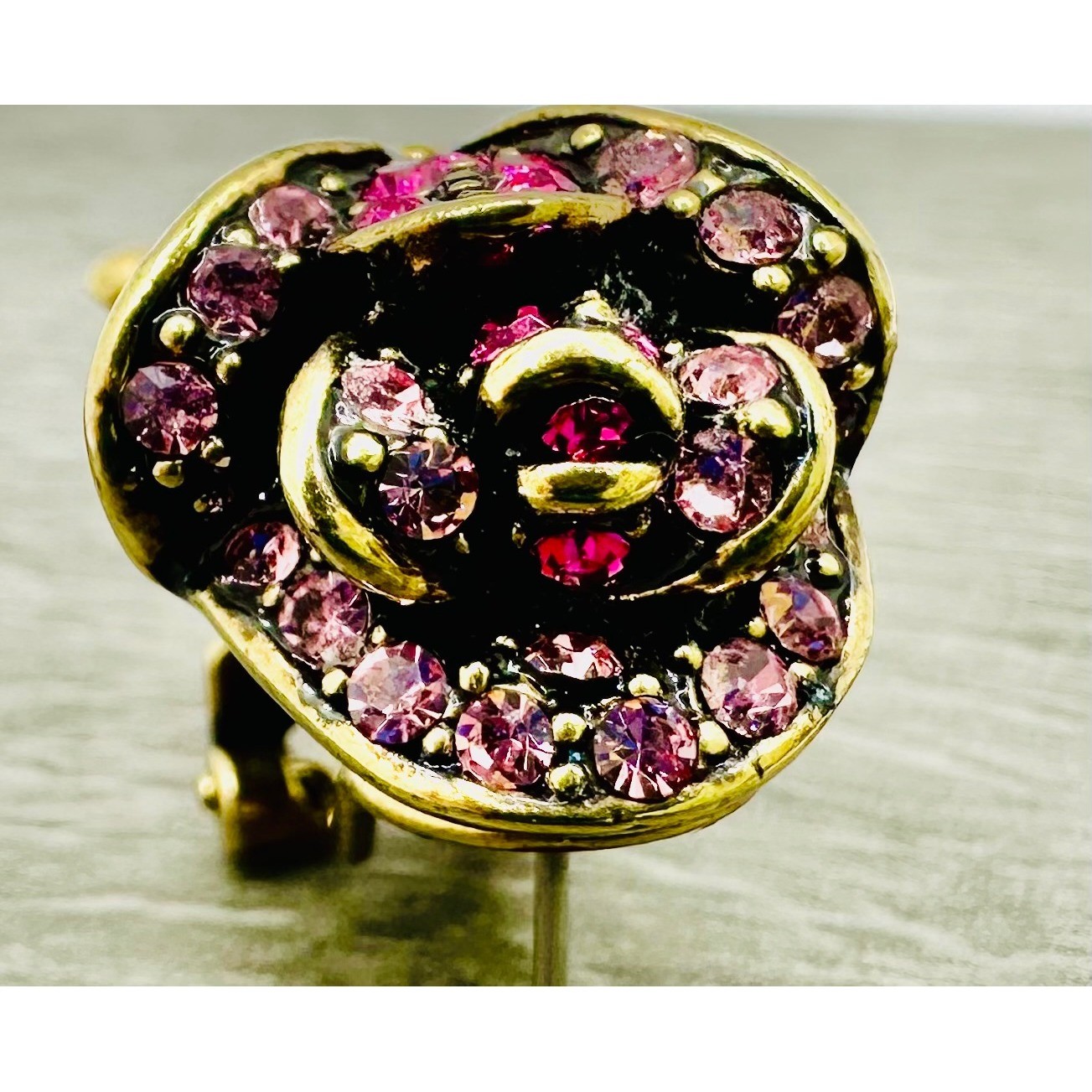 Heidi Daus Rose Bud Crystal Omega Back Earrings Pink Fuchsia Bronzetone Floral