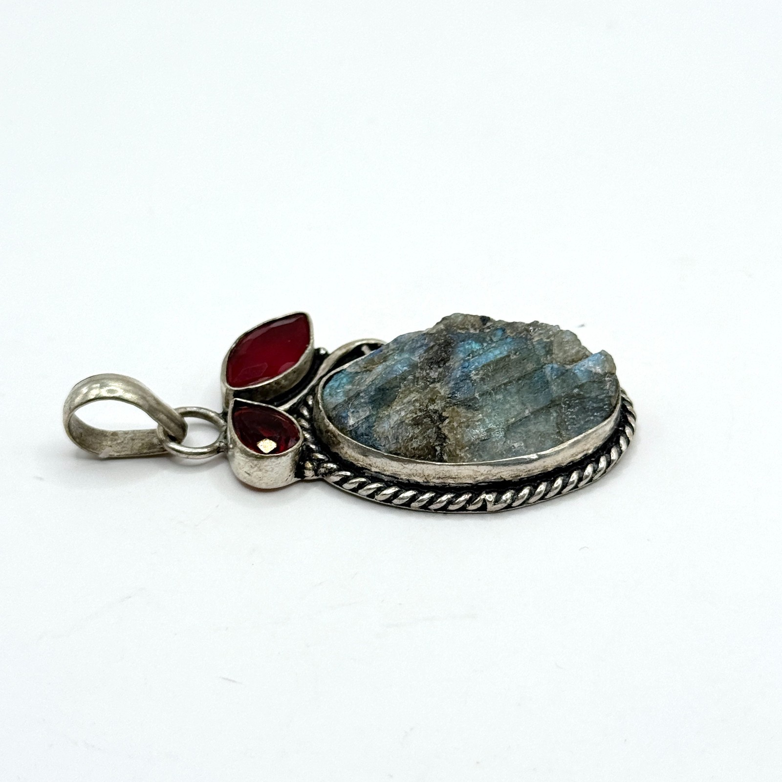 Vintage Rough Labradorite Garnet Gemstone Pendant Sterling Silver 925 Charm Blue