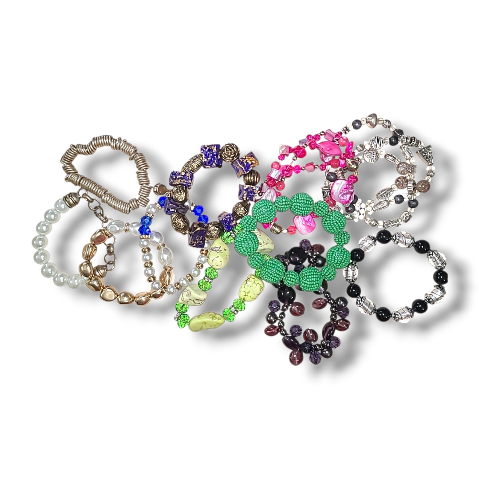 Lot of 11 Beaded Chunky Colorful Stretch Bracelets Glass Stone Acrylic