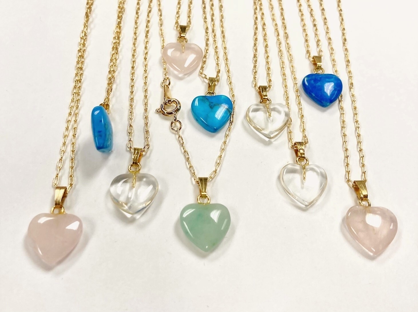 10 ASSORTED GENUINE GEMSTONE 12mm HEART PENDANT GOLD PLATED CHAIN NECKLACES V241