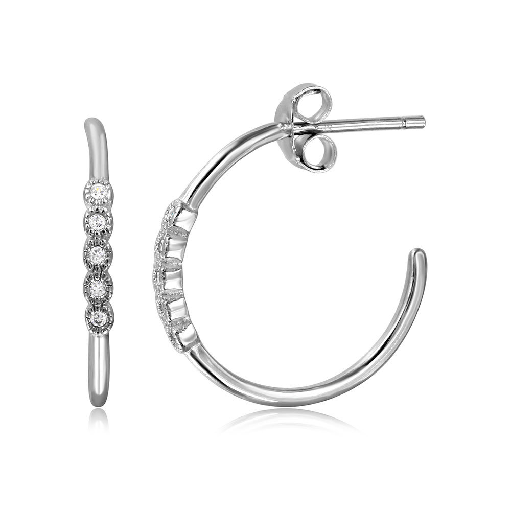 20 mm diameter Sterling Silver CZ Stones Loop Semi Hoop Stud Earrings