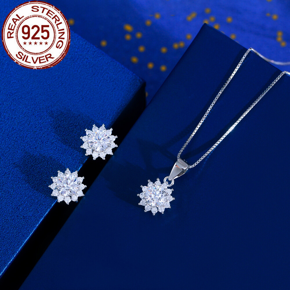 Solid 925 Sterling Silver Round CZ Pendant Stud Earrings Wedding Jewelry Set