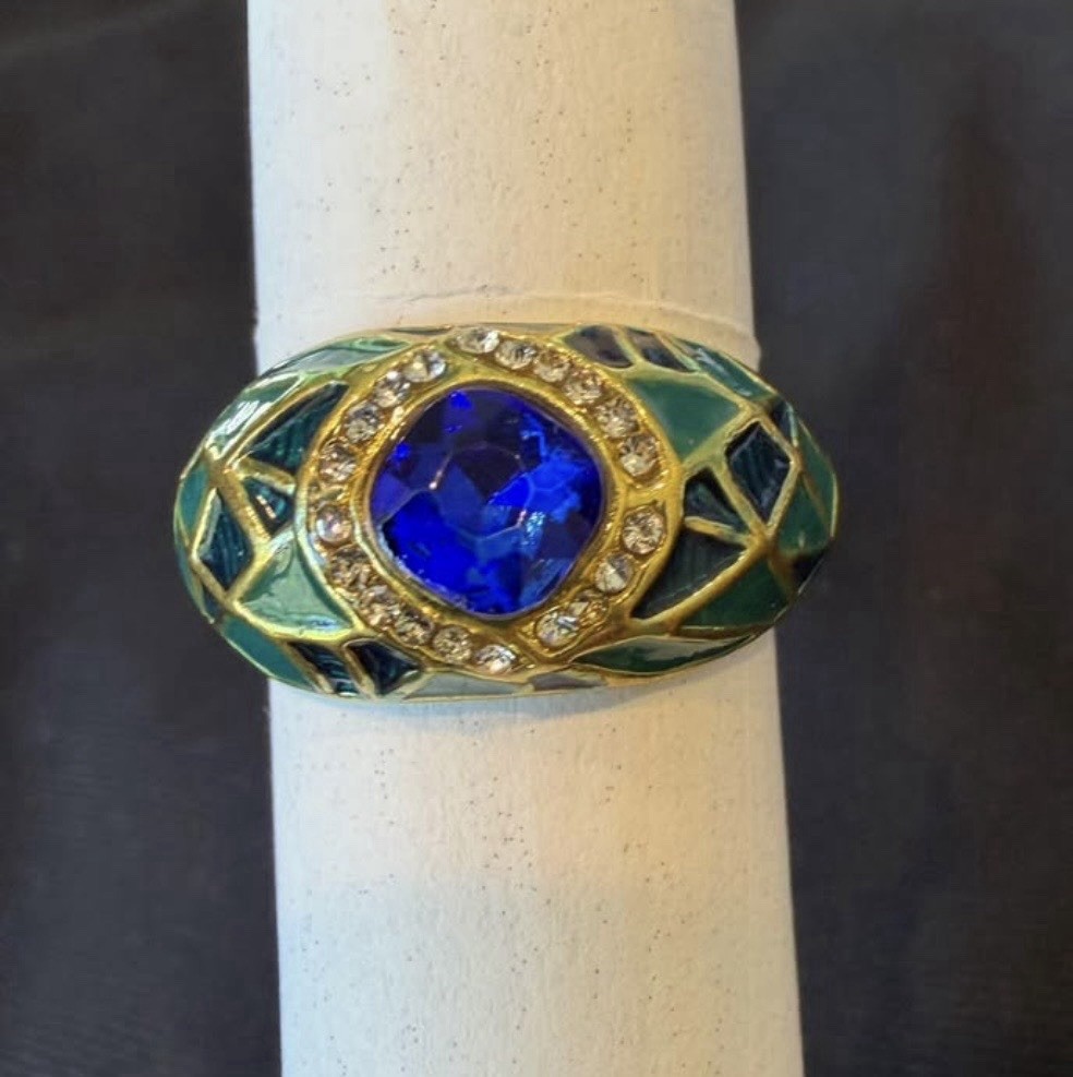Gold Tone Green Enamel Dome Cocktail Ring Blue Round Crystal Bezel Size 7.75