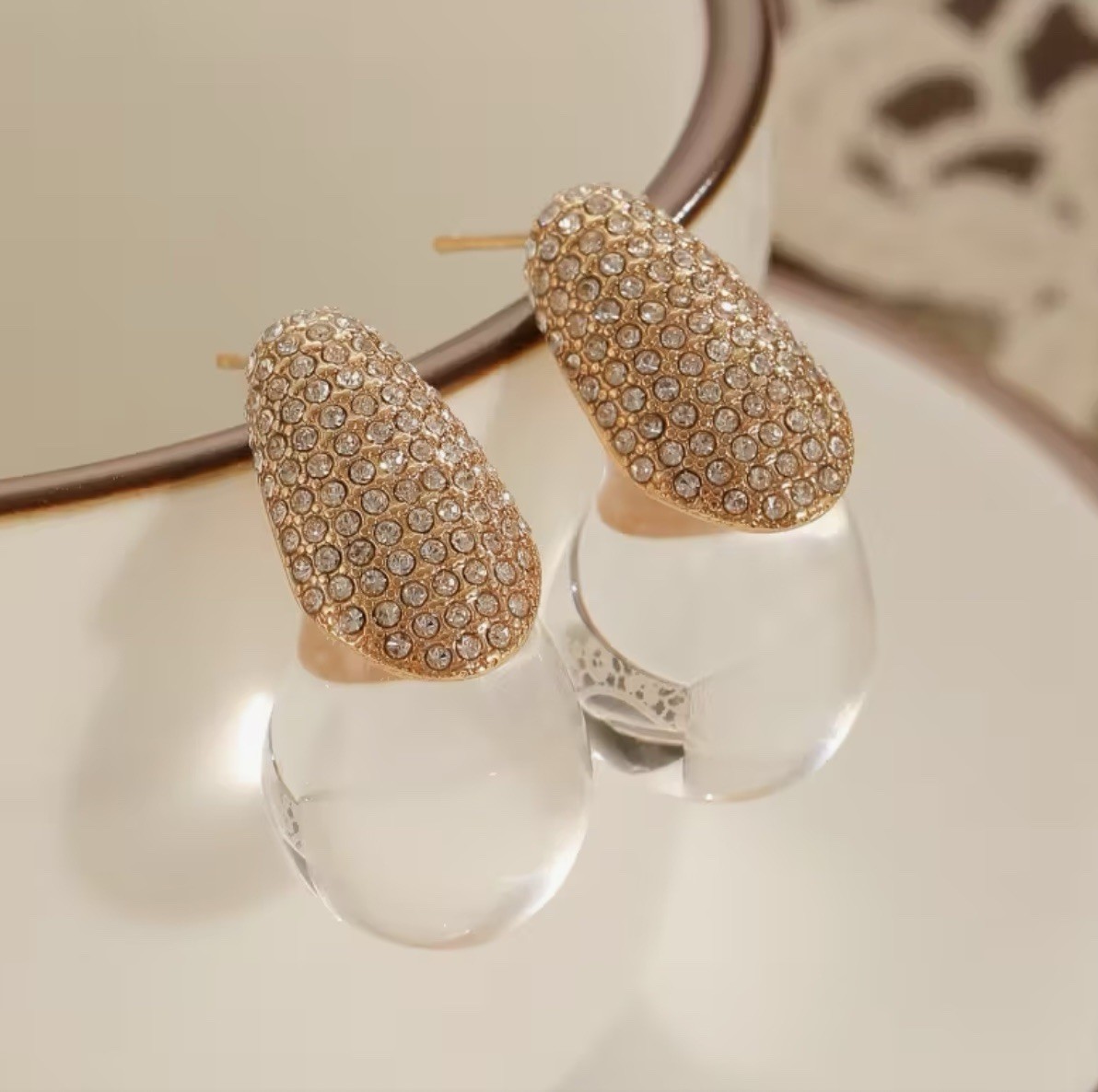 Teardrop Lucite Clear Earrings Gold Stud Boho Statement CZ Retro Fluid Molten