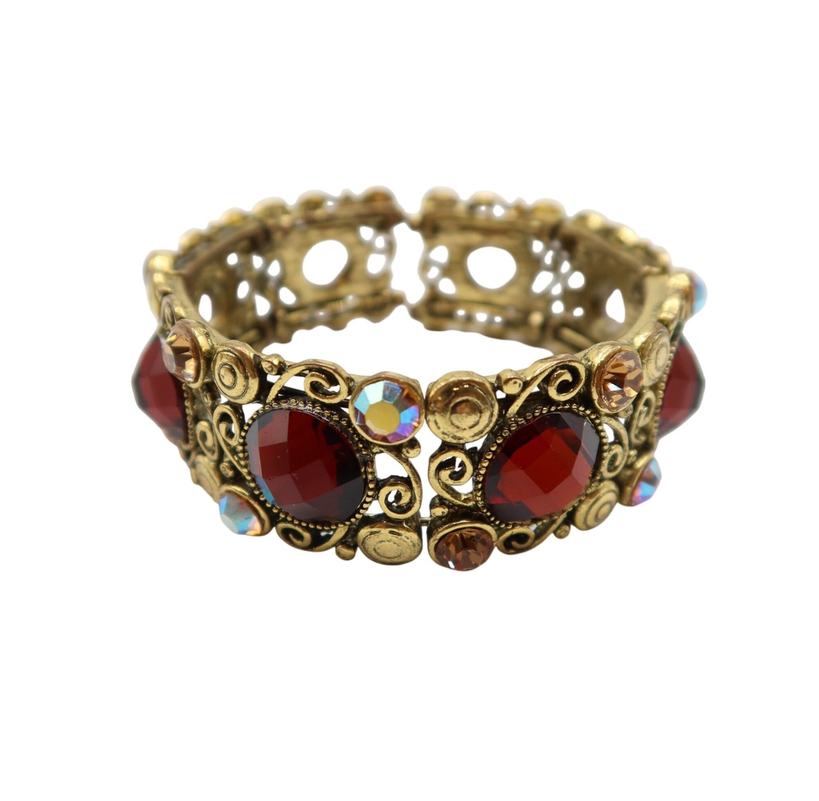 Gold Tone Bracelet With Red Faceted & Aurora Borealis Rhinestones