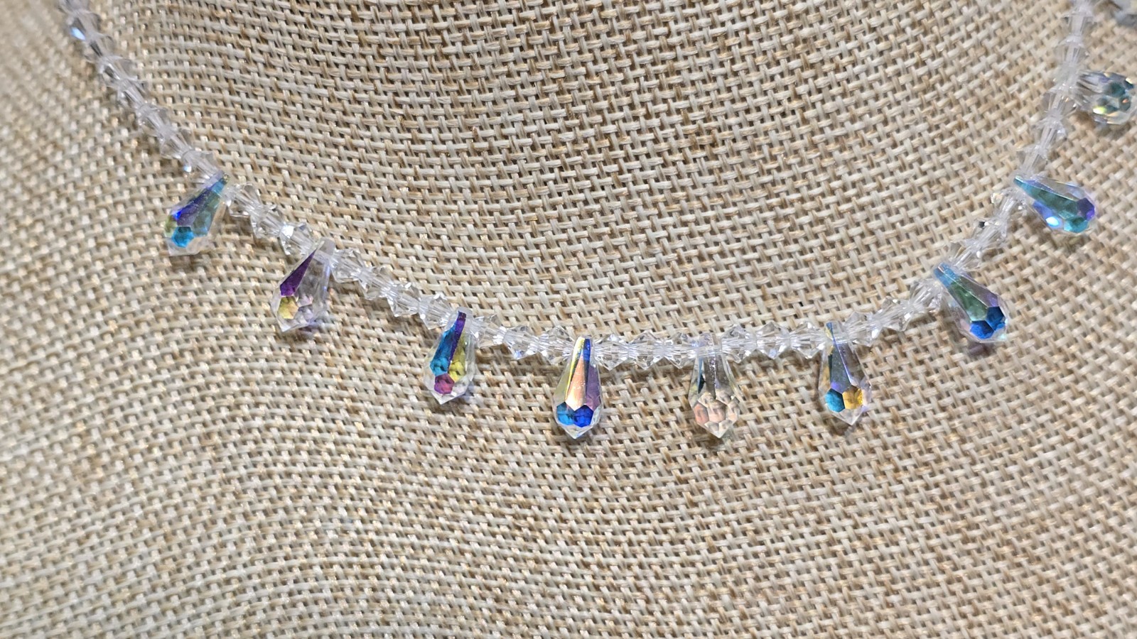 Crystal Bead Necklace Aurora Borealis Teardrops