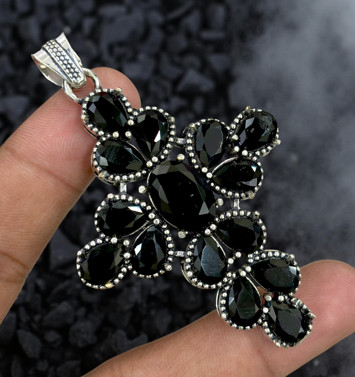 Black Onyx Gemstone Handmade 925 Sterling Silver Ethnic Jewelry Pendant 2.30″