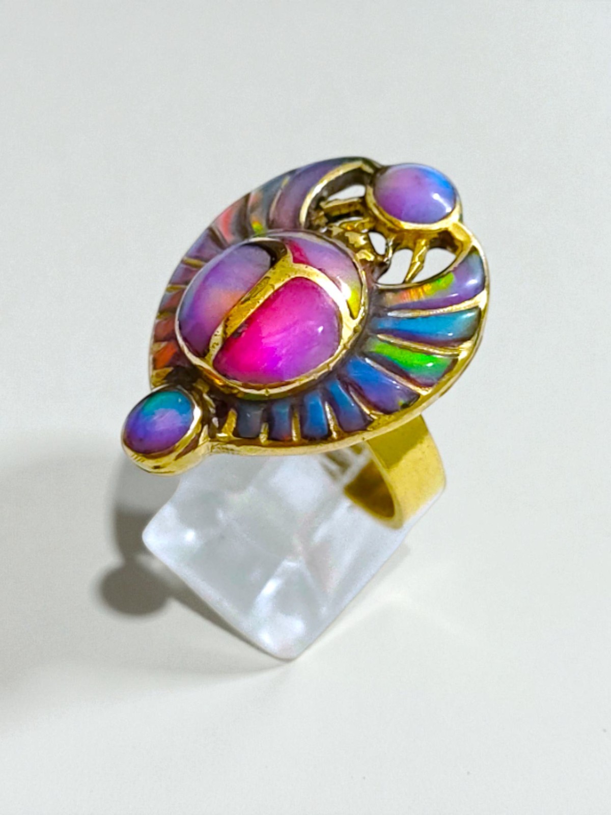 Opal Pinky Gold Scarab Ring, Egyptian Talisman, Adjustable Ring