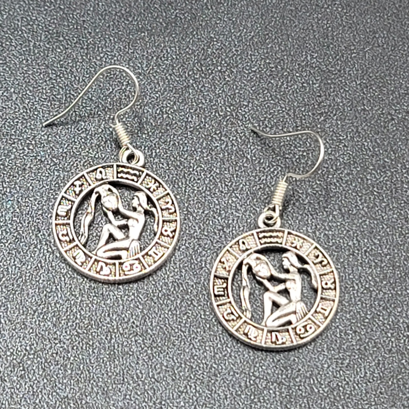 Zodiac Pierced Earrings Silver tone Dangle 7/8″