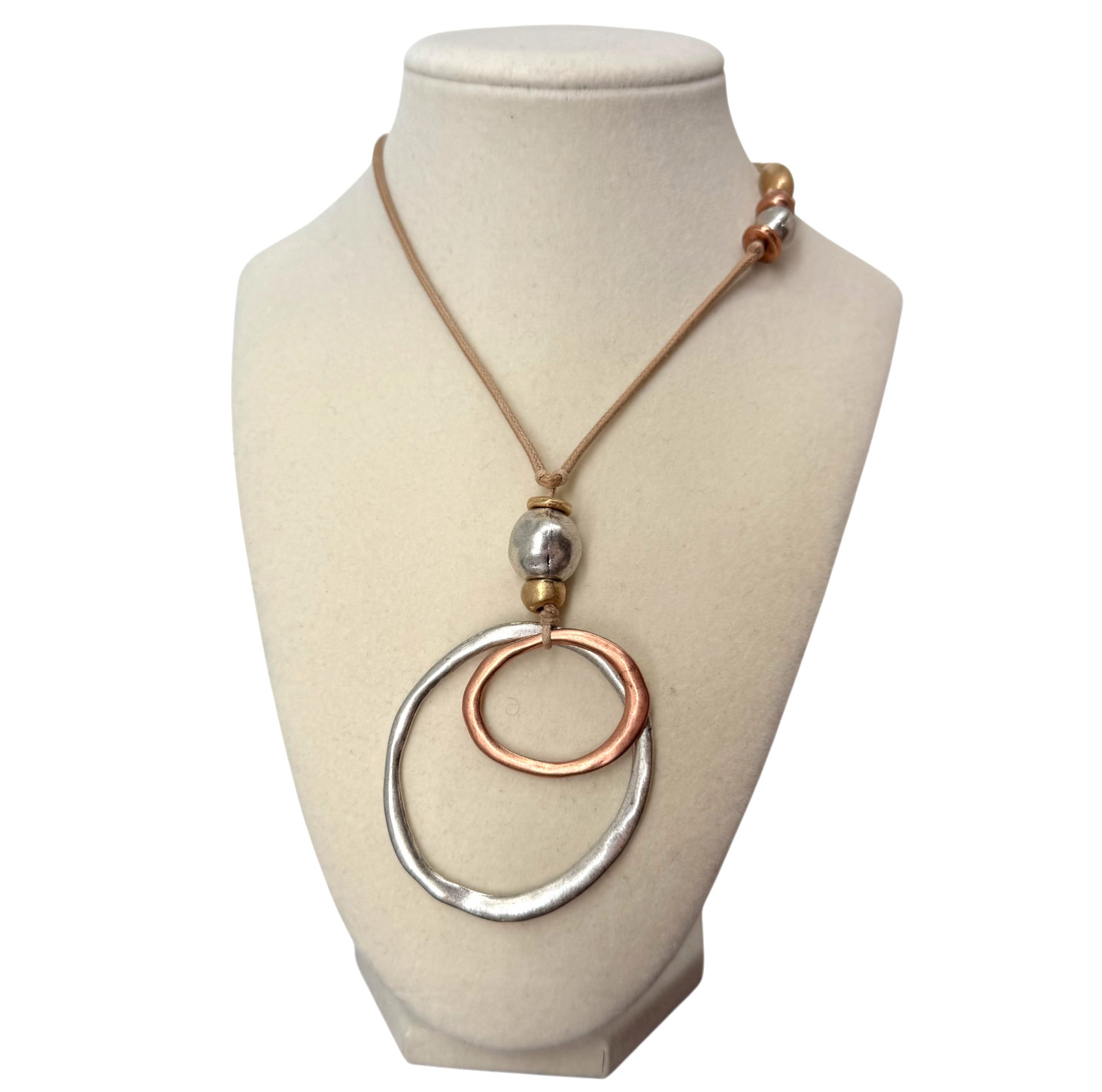J Jill Mixed Metal Necklace Adjustable Cord Double Circle Pendant Boho Artisan