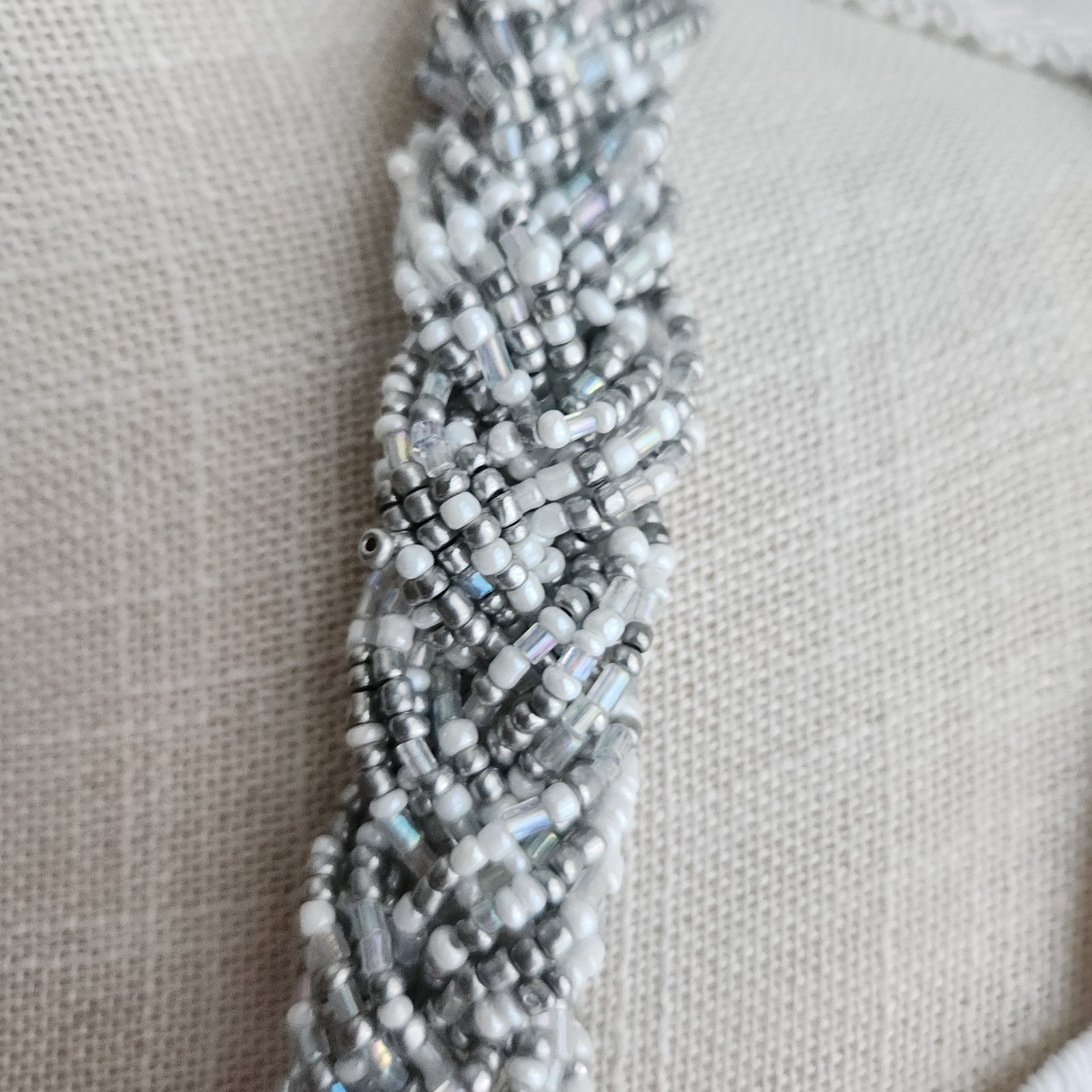 Silver & White Multi-Strand Seed Bead Braided Statement Necklace 26″