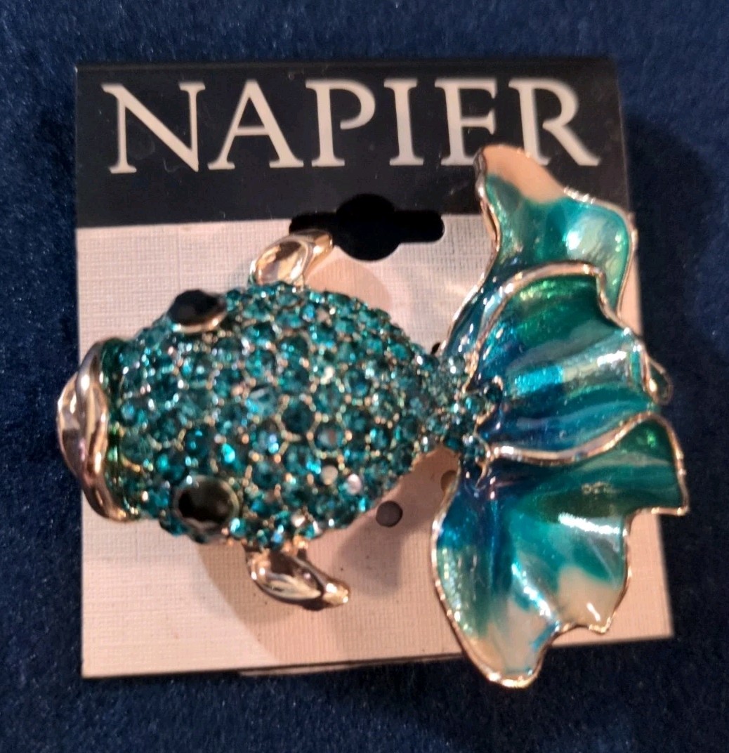 Napier Fancy Koi Gold Fish Brooch Pin Gold Tone Blue Green Rhinestone Enamel 2″