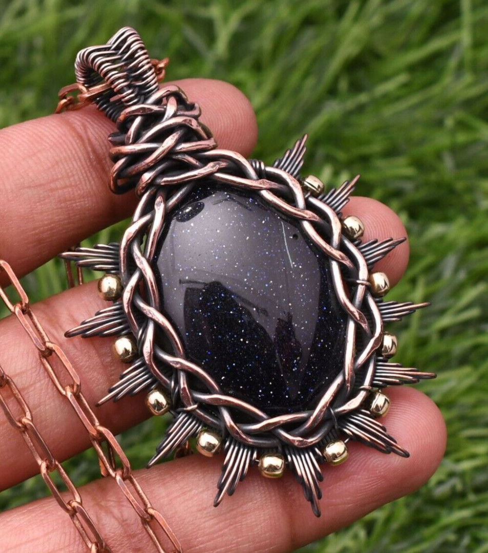 Blue Sun Stone Gemstone Copper Wire Wrap Handmade Jewelry Pendant 2.28″