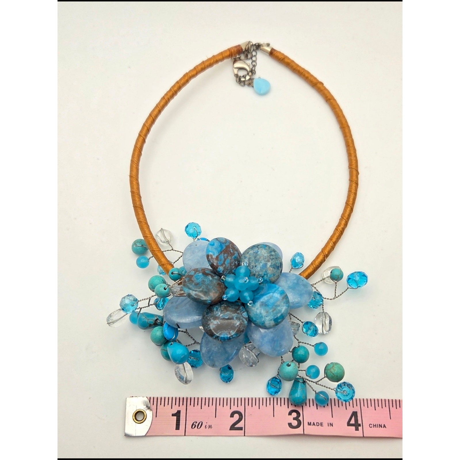 Chunky Blue Stone & Glass Statement Necklace Boho Wire Wrapped 18″