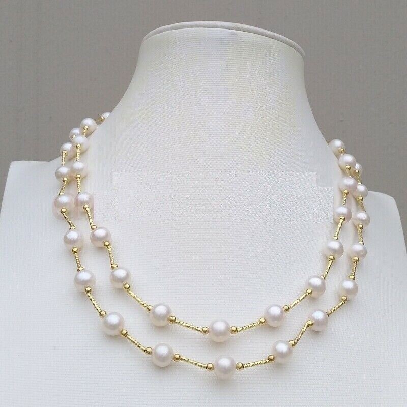 40 INCH HUGE AAA ROUND 7-8MM AKOYA WHITE PEARL NECKLACE 14K GOLD CLASP