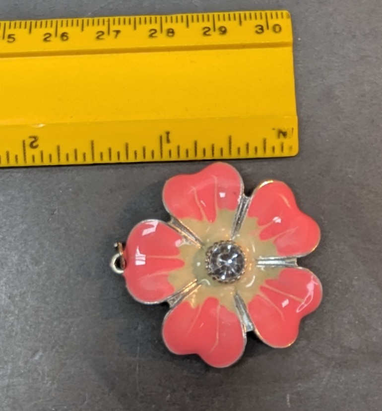 Pink Enamel Daisy Pendant Metal Silver Tone Base Clear Glass Stone 1.5 Inch