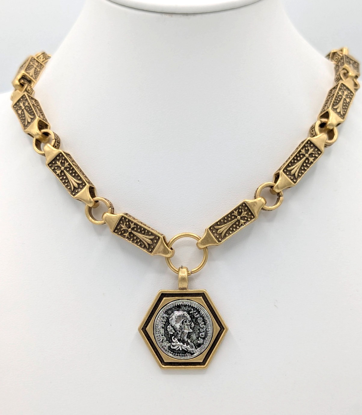 Chunky Faux Coin Pendant Necklace Gold Tone Hexagon Medallion Byzantine Style