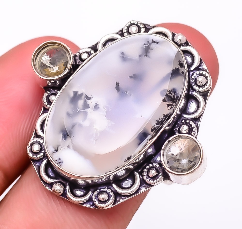 Natural Brazilian Dendritic Opal, White Topaz 925 Silver Plated Ring s.8.5 W36
