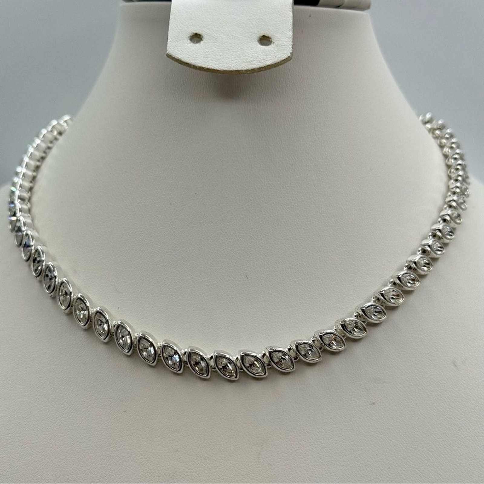 Silver Tone Rhinestone Necklace Marquise Link Adjustable 15–17” Sparkle