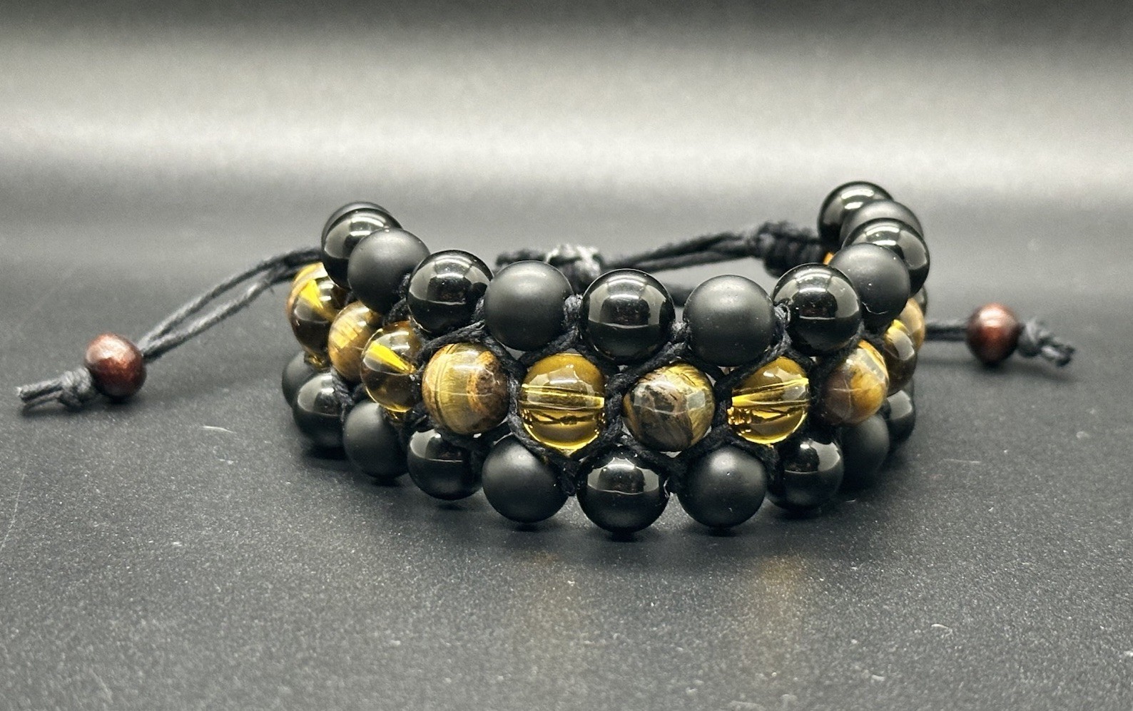 Yellow Tiger Eye Amber & Onyx Triple Mala Bracelet- Handmade Hemp Crystal Beads