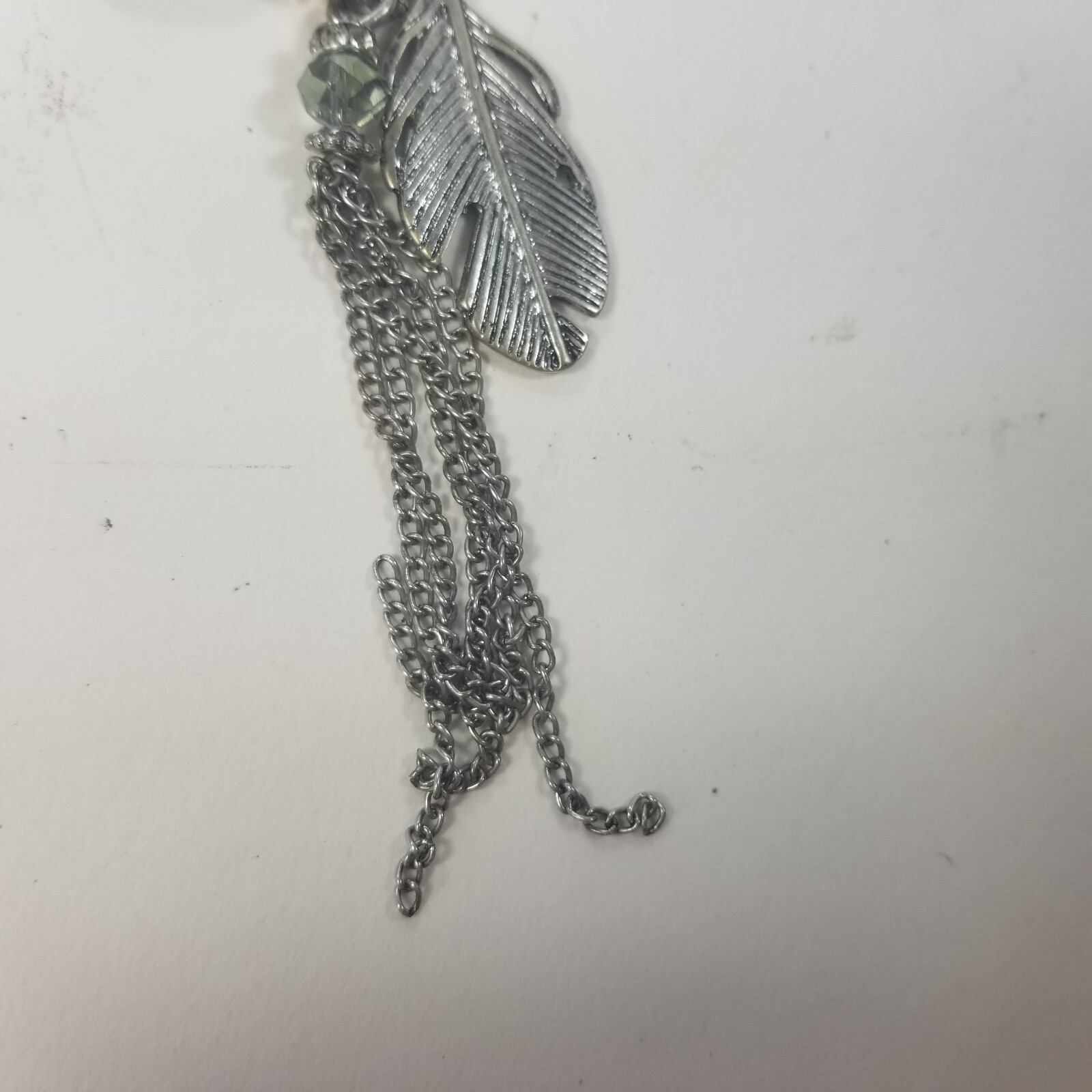 Silver Tone Feather Dangle Charm Long Necklace Tassle Faux Turquoise Boho 32-35″