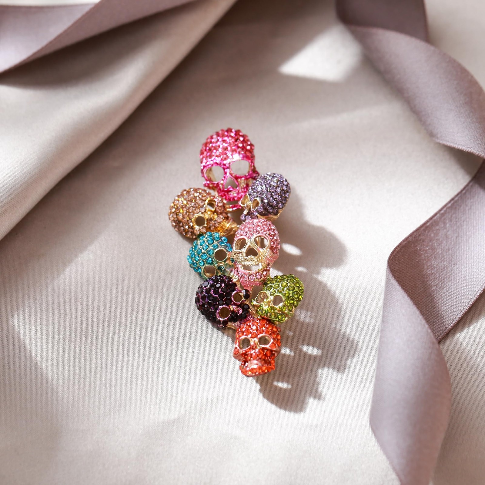 Austrian Crystal Halloween Gorgeous 8 Skeleton Head Cluster Brooch Multicolor…