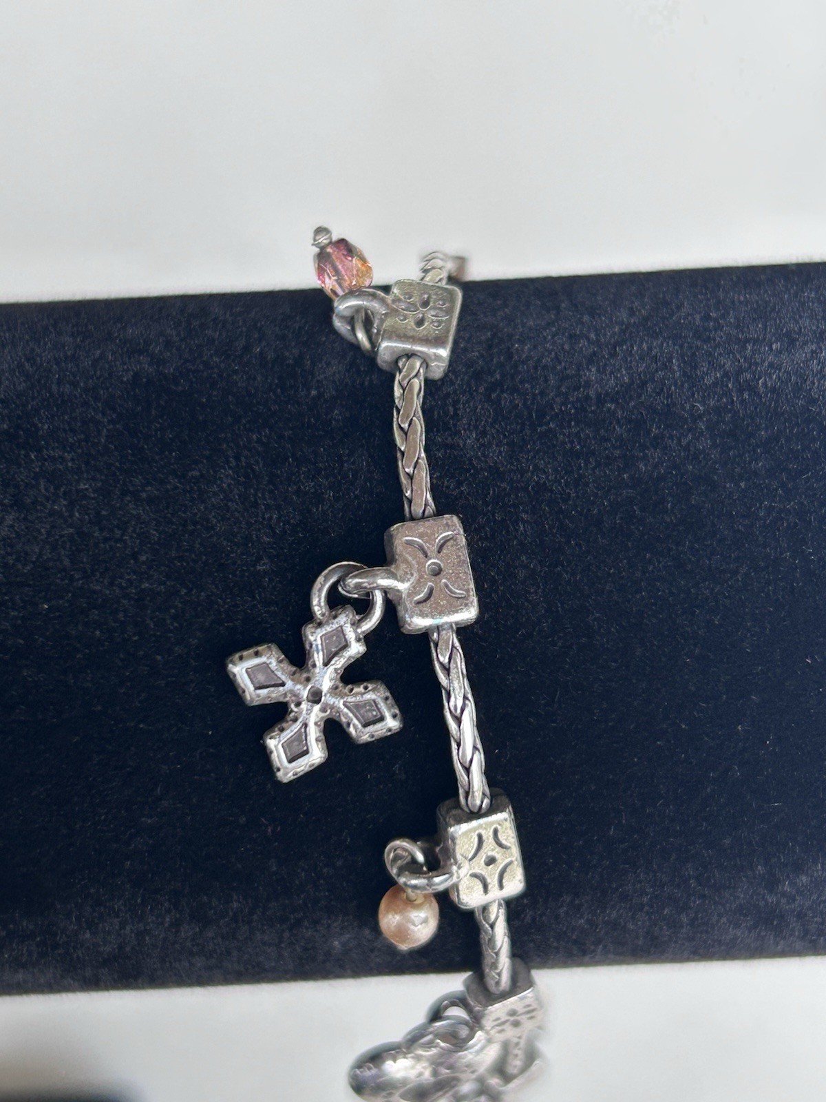 Brighton Amber Heart Retired Vintage Cross Silver Plated Charm Bracelet