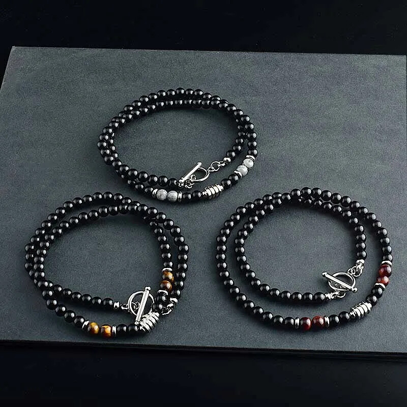 Stainless Steel Tiger Eye Black Crystal Pendant Necklace Men Personality Fashion