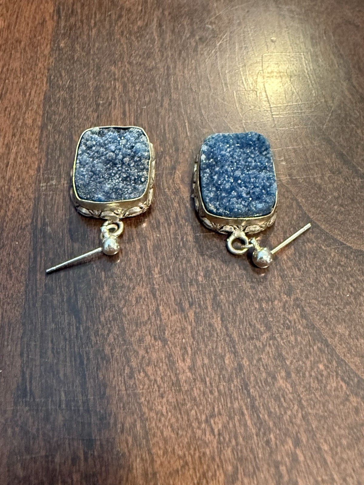 Blue Drusy Quartz Cushion Stud Earrings Bezel Set Butterfly Back Pair