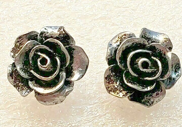 Rose Flower Bloom Antique Silver Color Acrylic Post Style Earrings Jewelry