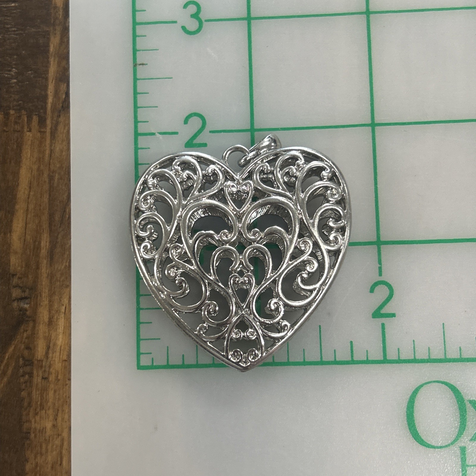 Silver Tone Chisel Polished Filigree Puffed Heart Pendant