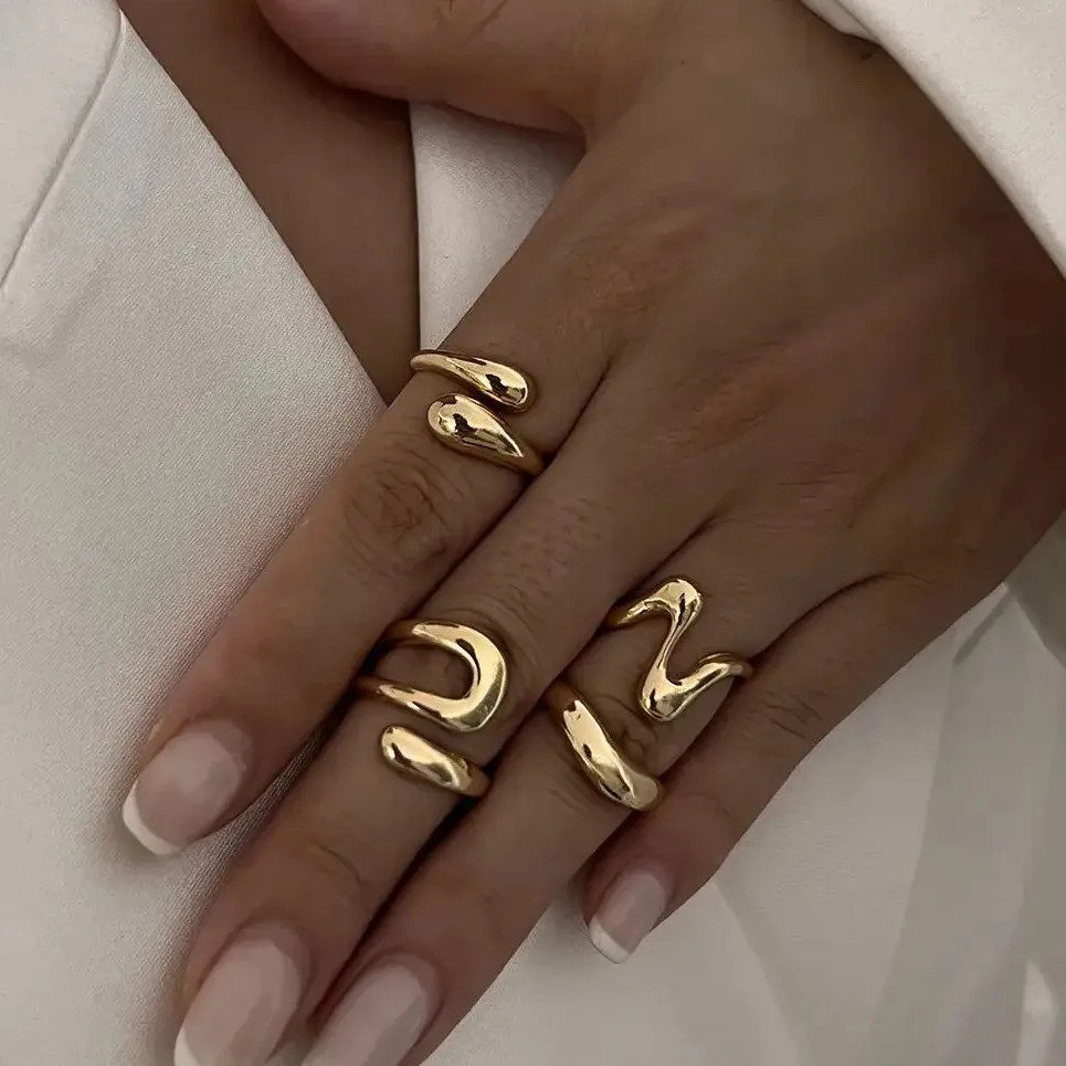 Vintage Gold Tone Punk Geometric Irregular Open Mood Tracker Ring Set for Women