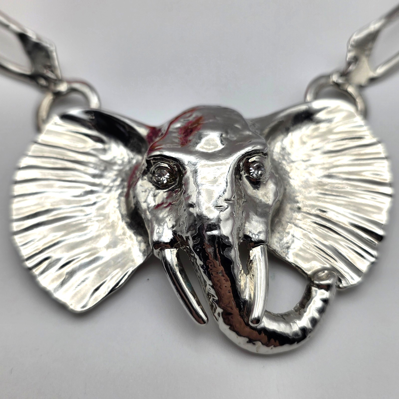 Silver Tone Elephant Head Statement Necklace Hammered Organic Link 19 In